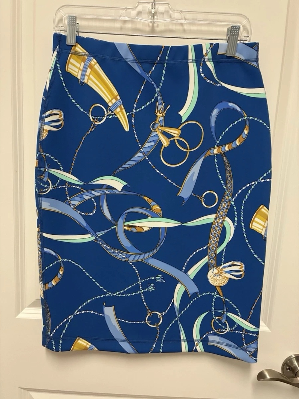 J McLaughlin Blue Equestrian Print Catalina Cloth Pencil Skirt Size Small NWOT